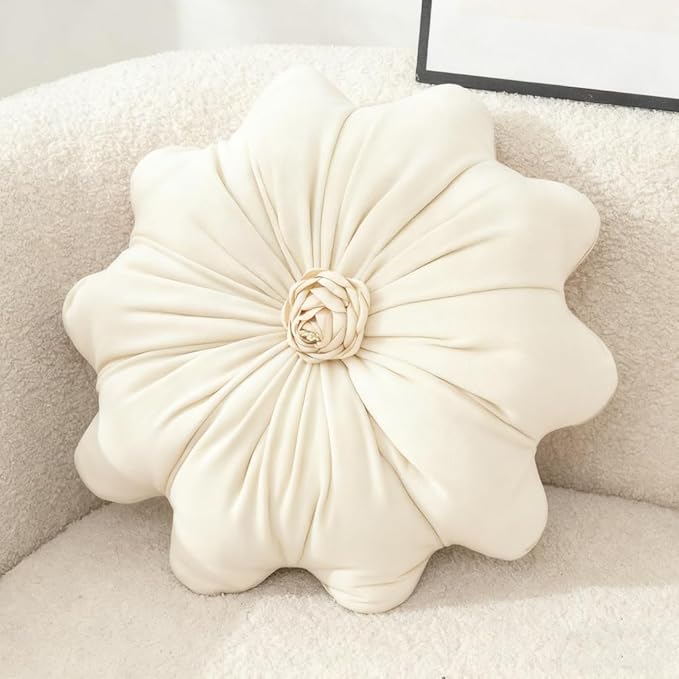 Flower Pillow Cushion Round Decorative Throw Pillow 15.7 Velvet Flower Shaped Pillow for Sofa Couch Vanity Chair Bed (White)