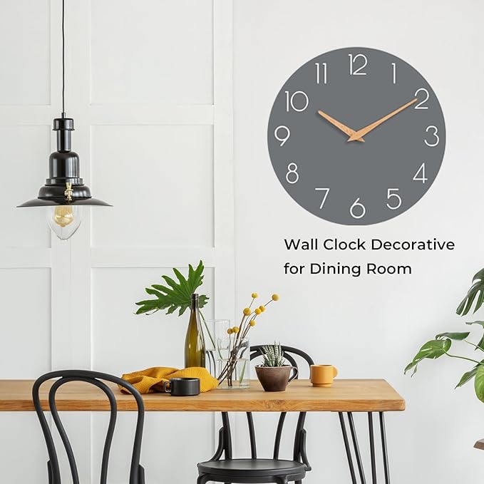 Wall Clock, 16 Inch Wooden Battery Operated Wall Clocks Silent Non-Ticking, Decorative Gray Clock for Living Room, Bedroom, Kitchen, Home, Office, School, Hotel