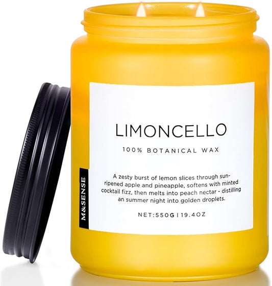 M&SENSE Limocello Summer Scented Candle, 19.4oz 110 Hours Long Burning Time, Natural Soy Wax, Non Toxic, 2 Wick, Strong Scent for Large Room Home Decor, Gifts for Mother's Day, Yoga, Spa, Meditation