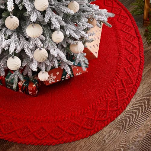 YUJUN 48 in Red Christmas Knitted Tree Skirt for Xmas Home Decoration by YUJUN
