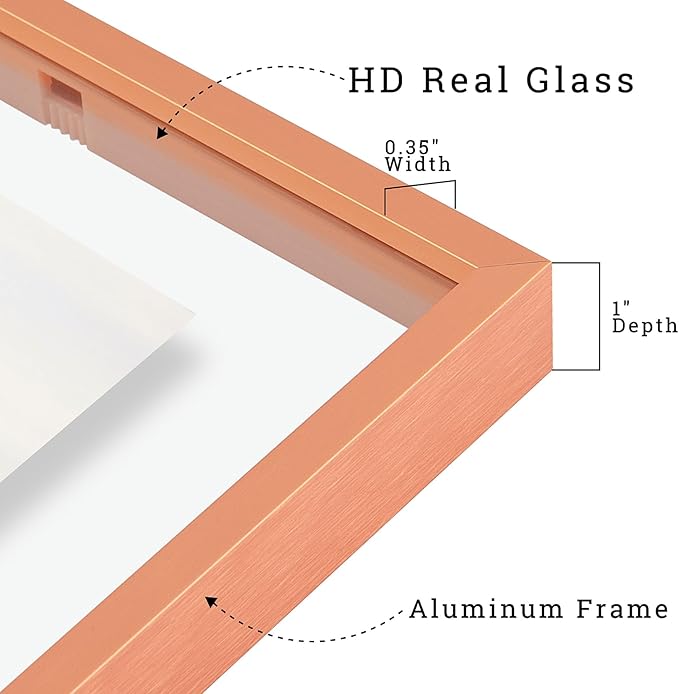 Frametory, Floating Picture Frames Set - Rose Gold Metal Photo Frames - Real Glass - Display One 11x14, Two 8x10, and Four 5x7 Inch Photos for Home Decoration