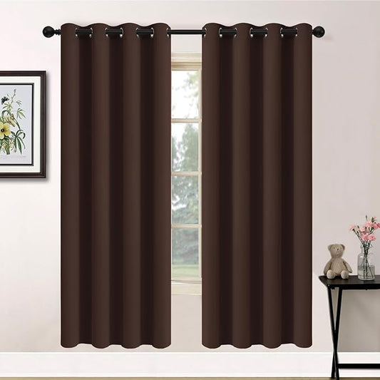 Yakamok Blackout Curtains Room Darkening Thermal Insulated Window Panels,Solid Grommet Top Drapes for Bedroom/Living Room(52Wx72L, Chocolate Brown, 2 Panels)