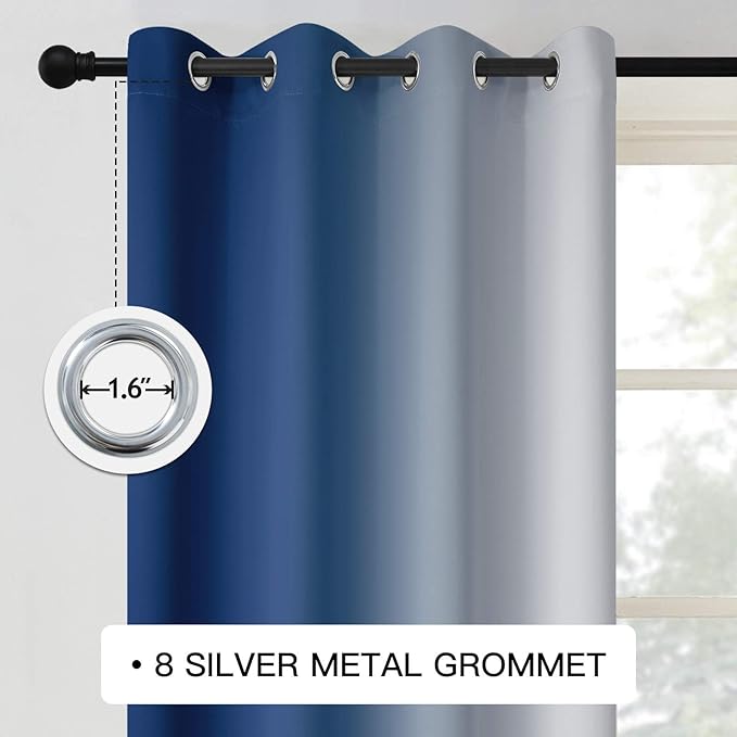 COSVIYA Grommet Ombre Room Darkening Curtains 96 inch Long, Blue and Grayish White Gradient Drapes Light Blocking Insulated Thermal Window Curtains for Bedroom/Living Room,2 Panels,52x96 inches