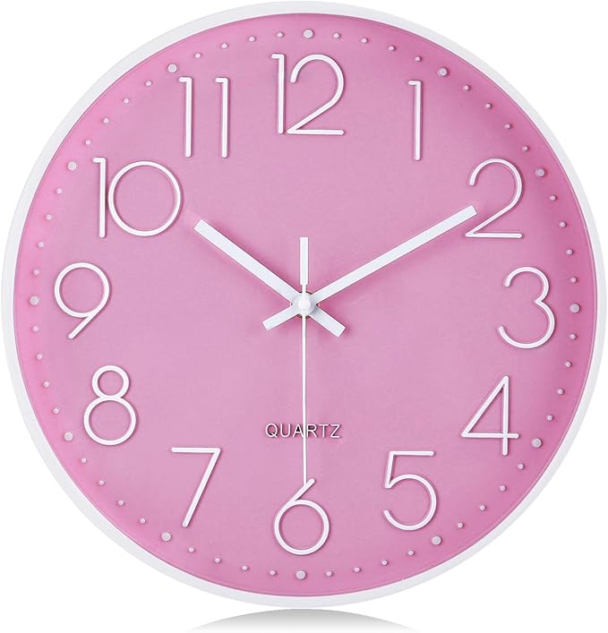 Lafocuse 12 Inch Pink Wall Clock Battery Operated for Kitchen Living Room, Silent Kids Analog Clock for Girls Bedroom, Pink Home Décor