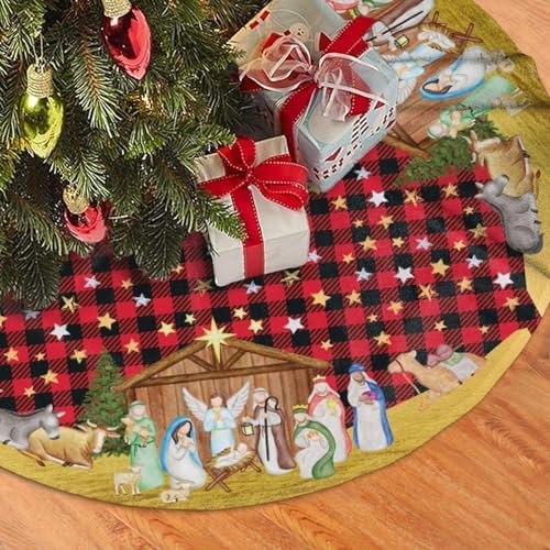 Buffalo Plaid Nativity Christmas Tree Skirt Jesus Christian Funny Tree Mat for Farmhouse Xmas Holiday Party Decorations Indoor Outdoor 36 Inch by juniissl