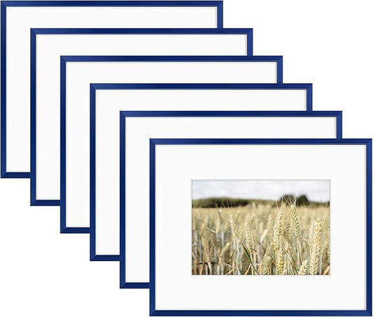 Golden State Art 8x10 Picture Frame 6 Pack - Navy Blue Aluminum Photo Frames With 5x7 Mats and Real Glass Cover - Elegant Minimalist Wall Gallery Frames for Home or Office Decor