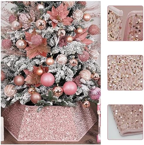 Christmas Tree Collars for Atificial Trees, 24 Inch Sparkling Sequins Christmas Skirt, Base Cover,Holiday Home Decor Ring(Rose Gold,Large) - Image 2