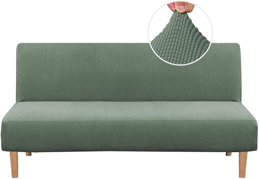 H.VERSAILTEX Armless Futon Cover Stretch Sofa Bed Slipcover Protector Elastic Feature Rich Textured High Spandex Small Checks Jacquard Fabric Futon Cover, Machine Washable, Loden Frost