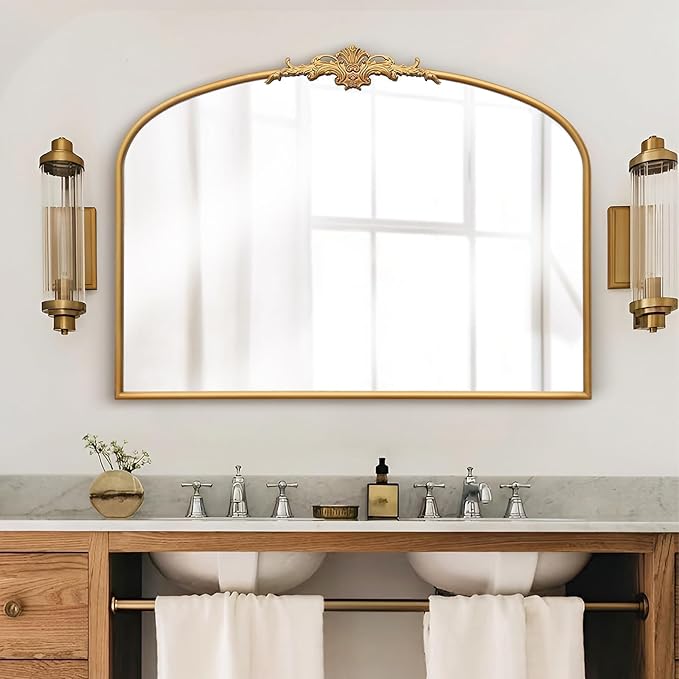 Besdomus Antique Arched Gold Mirror: 40"x29" French Large Vintage Vanity Wall Mounted Mirror - Baroque Decorative Traditional Ornate for Bedroom/Bathroom/Fireplace/Entryway - Home Decor for Homemakers