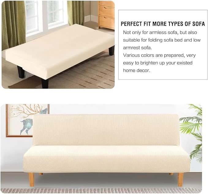 H.VERSAILTEX Armless Futon Cover Stretch Sofa Bed Slipcover Protector Elastic Feature Rich Textured High Spandex Small Checks Jacquard Fabric Futon Cover, Machine Washable, Cream