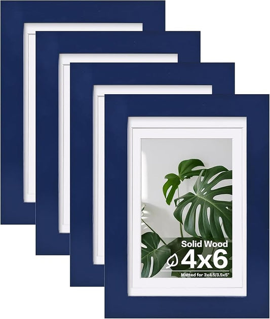 Egofine 4x6 Picture Frames 4PCS Covered by Plexiglass for Picture 3x4.5 and 3.5x5 with Mat or 4x6 whitout Mat Made of Solid Wood for Table Top Display and Wall Mounting Photo Frame, Navy Blue
