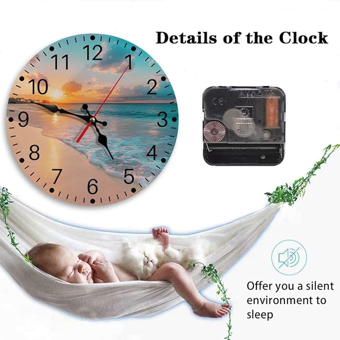 Britimes Round Wall Clock Non-Ticking Silent Battery Operated Clock 12 Inch, Sea Beach Blue Sky Sand Home Decor for Living Room, Kitchen, Bedroom, and Office