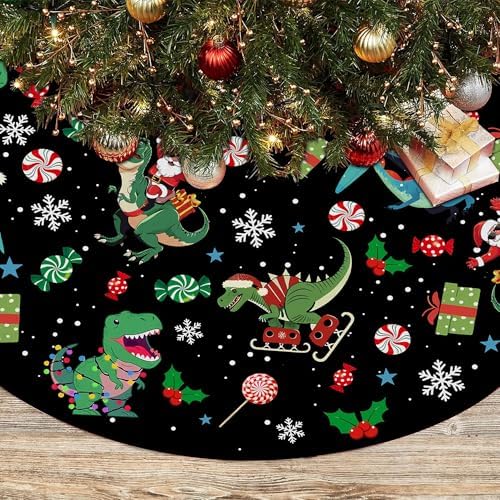 Christmas Dinosaur Tree Skirt 36in, Black Dinosaur Christmas Tree Ornament Decor for Funny Santa Claus Black Dinosaurs Christmas Tree Mat, Dino Xmas Decorations for Home New Year Holiday Party - Image 4
