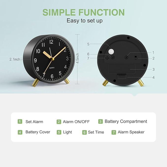 Analog Alarm Clock, Super Silent Non Ticking with Night Light, Battery Operated, Bedroom Clock,Fashionable Round Metal Alarm Clock for Office, Elderly, Adults, Children, School Gift