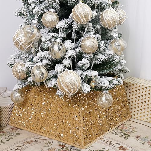 Champagne Gold Christmas Tree Collars for Atificial Trees, 24 Inch Sparkling Sequins Christmas Skirt, Base Cover,Holiday Home Decor Ring (Medium) by SunshineDecor
