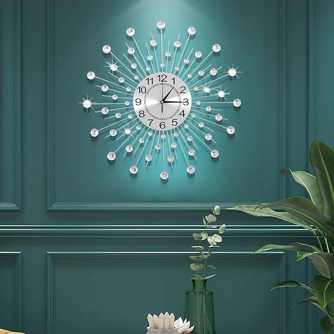 28 Inch Silver Crystal Large Modern Metal Starburst Decor, Bling Crystal Wall Clock for Kitchen Office Bedroom Living Room Decorative