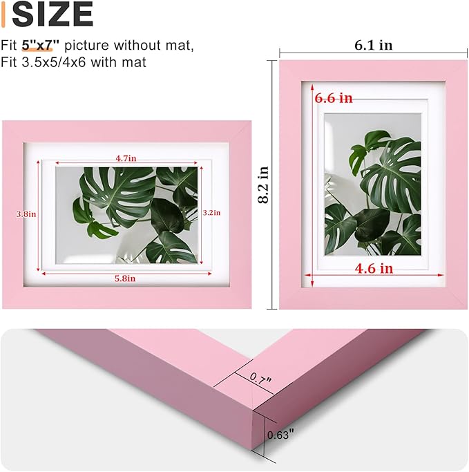Egofine 5x7 Picture Frames with Plexiglass, Display Pictures 3.5x5/4x6 with Mat or 5x7 Without Mat Set of 4 for Tabletop and Wall Mounting, Pink