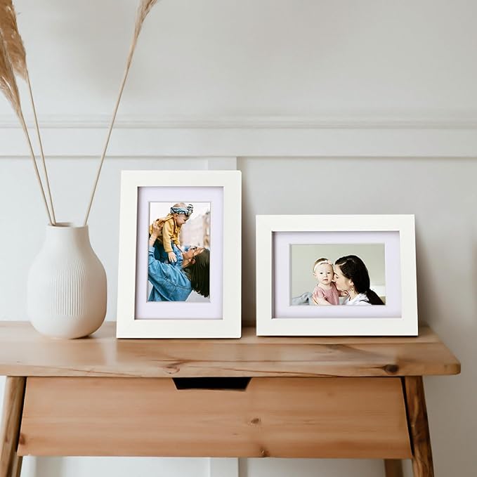 Egofine 4x6 Picture Frames 4PCS Covered by Plexiglass, for Picture 3x4.5/3.5x5 with Mat or 4x6 whitout Mat, Made of Solid Wood for Table Top Display and Wall Mounting Photo Frame, White with Texture