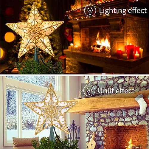 Christmas Star Tree Topper, 9.5 in Plug in Golden Glittered 3D Star Tree Topper, Metal Hollow Designed Built-in 10 Bulbs String Lights for Indoor Office Christmas New Year Holiday Tree Decoration - Image 3
