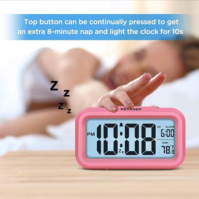 Peakeep Night Light Digital Alarm Clock Battery Operated Indoor Temperature | Small Cordless Cute Clock for Bedroom Desk Travel, Simple to Use for Teens Kids (Pink) - Image 3