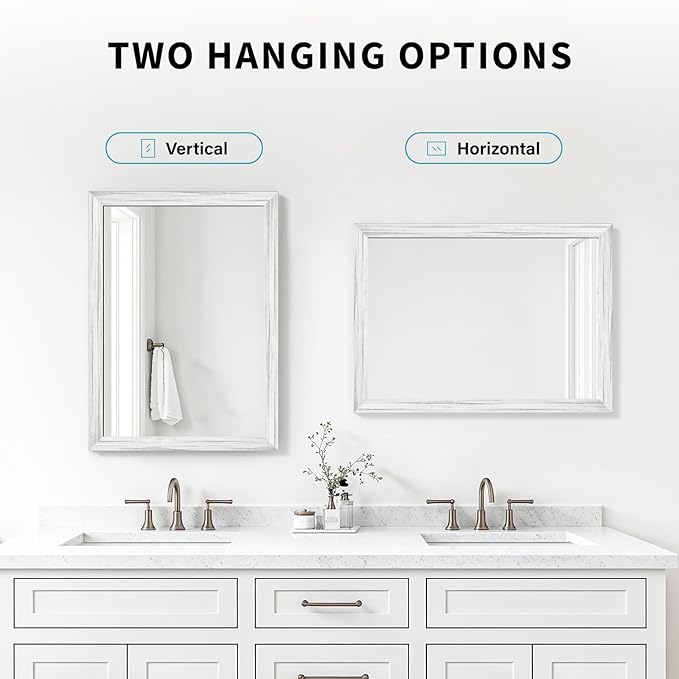 White Wood Effect Framed Wall Mirror, 24x32 Rectangle Mirror, Anti-desilvering Tempered Glass, Sustainable& Sturdy Frame, Farmhouse Mirror, Anti-Rust, 3min Fast Setup for Bathroom Living Room