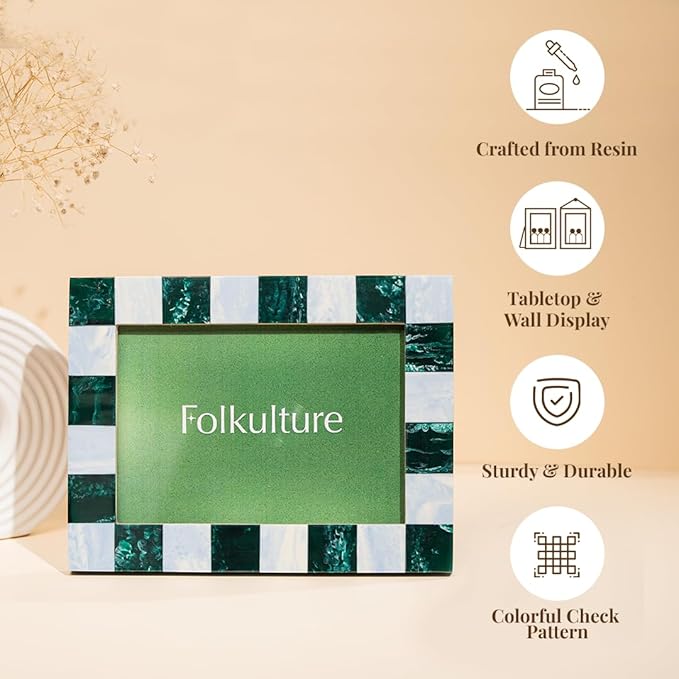 Folkulture Picture Frame | Stylish Marble Resin Unique 5x7 Photo Frame | Modern Wall Decor - Aesthetic Birthday Gift | Forest Fall Green & Pastel Blue Photo Frame | Boho Living Room Home Decor