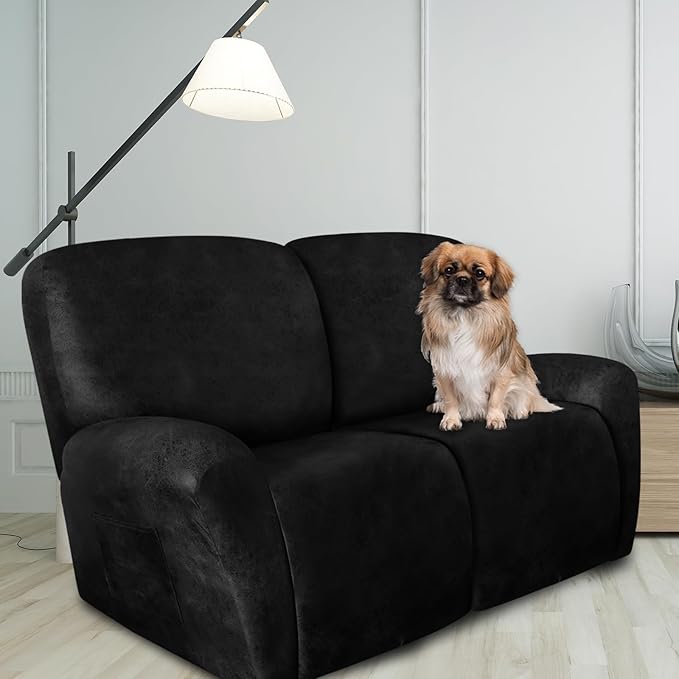 ANARACHON Loveseat Recliner Cover Leather Look Recliner Loveseat Covers Recliner Sofa Cover for 2 Seater Reclining Couch Spandex Fabric Washable 6 Pieces (2 Seater, 02 Black)