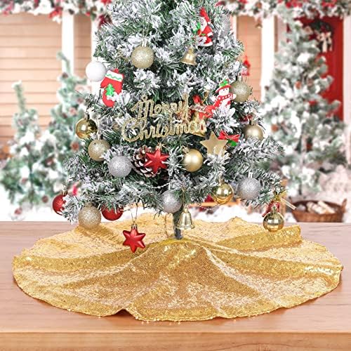 Gold Christmas Tree Skirt 24 Round Mini Tree Skirt Sequin Glitter Xmas Mats - Image 2