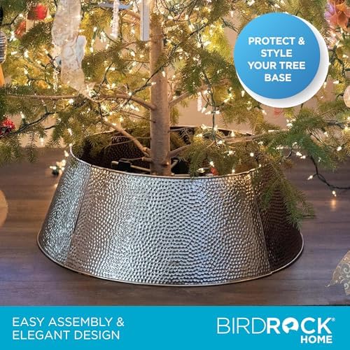 BIRDROCK HOME 4-Panel Christmas Tree Collar - Metal Holiday Skirt Decor - Water Base Protection from Pets (Silver - Hammered) - Image 5