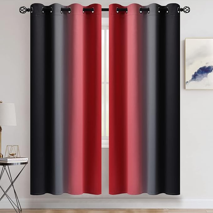 COSVIYA Grommet Ombre Room Darkening Curtains 72 inches Length for Kids Bedroom,Polyester Light Blocking Red and Black Gradient Window Drapes/Curtains for Living Room,2 Panels, 52x72 inches