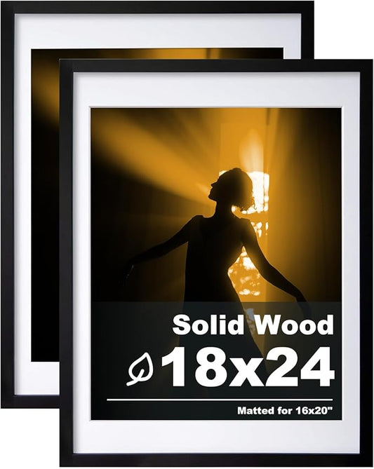 Egofine 18x24 Solid Wood Poster Frames Matted for 16x20 Black - Acrylic Plexiglass Front for Wall Mounting Hanging Picture Frame Vertically or Horizontally, Set of 2