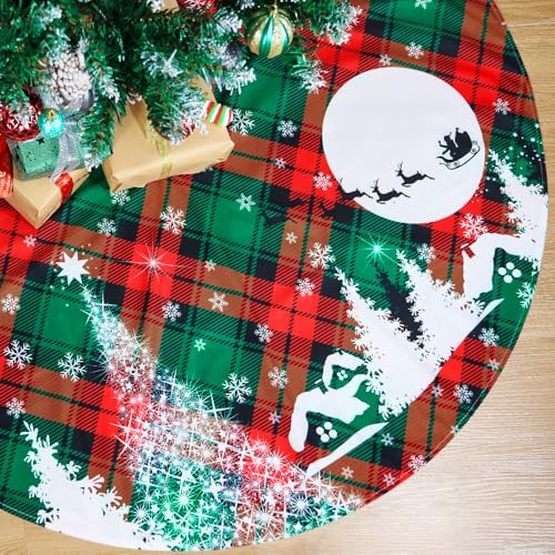 Multiwins Christmas Tree Skirt, 48 Inch Red and Green Buffalo Plaid Tree Skirt with Snowflake and Reindeer Design, Large Xmas Tree Skirt for Holiday Party Christmas Tree Decorations by multiwins