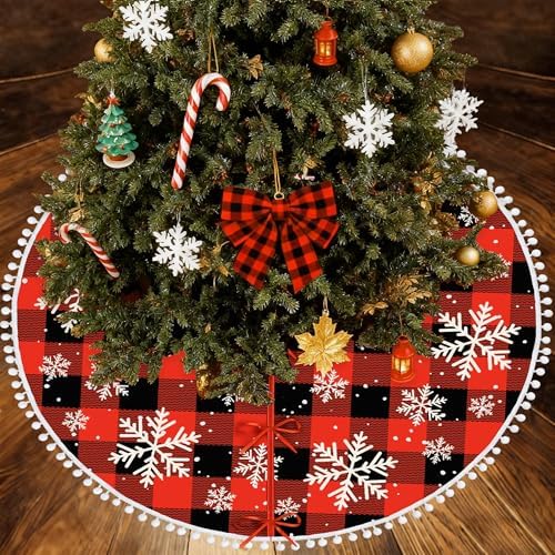 36 inch Christmas Tree Skirt Red and Black Buffalo Plaid Tree Skirt - Image 4