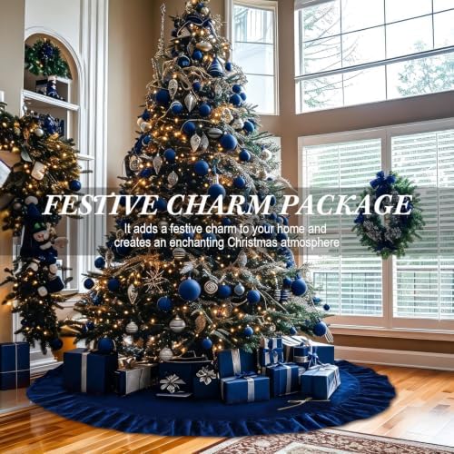 72 Inches Velvet Christmas Tree Skirt Decorations Blue Luxury Xmas Fur Plush Skirts for Merry Christmas Party Rustic Vintage Holiday Home Winter - Image 3