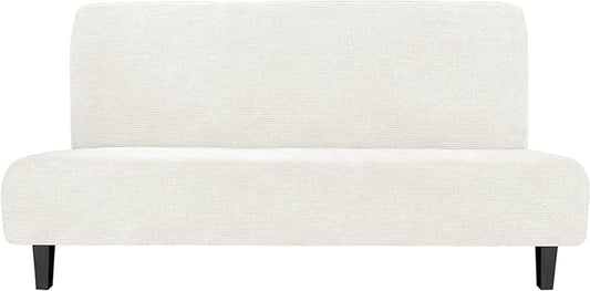 Easy-Going Stretch Futon Slipcover Armless Futon Bed Cover Furniture Protector Without Armrests with Elastic Bottom for Kids, Soft Jacquard Fabric Small Checks (Large, Cream)