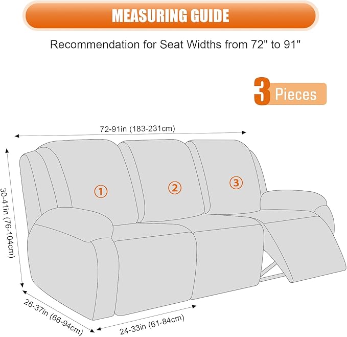 VANSOFY Recliner Cover, 3-Pieces Stretch Reclining Couch Covers with Pockets Reclining Sofa Slipcovers 3 Seater Soft Washable Furniture Protector for Dogs Cats(Light Gray)