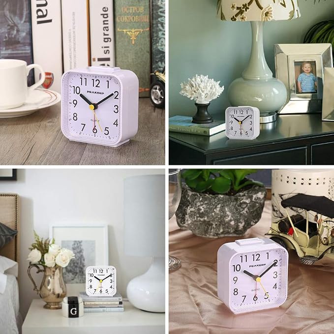 Peakeep Small Battery Operated Analog Travel Alarm Clock Silent | No Ticking, Lighted on Demand and Snooze, Beep Sounds, Gentle Wake, Ascending Alarm, Easy Set (White) - Image 6