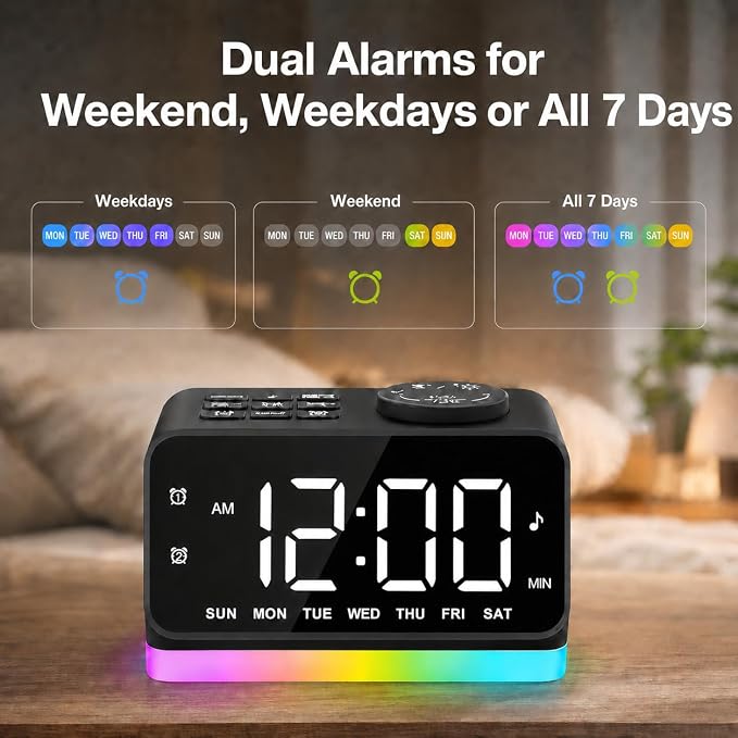 JALL Digital Alarm Clock with FM Radio for Bedroom, 8 Colors Night Light with 2 Charging Port, Sleep Sound Machines with Timer, Dual Alarm, Loud Alarm and Easy to Use for Seniors as Gift - Image 3