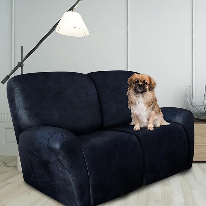 ANARACHON Loveseat Recliner Cover Leather Look Recliner Loveseat Covers Recliner Sofa Cover for 2 Seater Reclining Couch Spandex Fabric Washable 6 Pieces (2 Seater, 02 Navy)