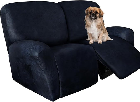 ANARACHON Loveseat Recliner Cover Leather Look Recliner Loveseat Covers Recliner Sofa Cover for 2 Seater Reclining Couch Spandex Fabric Washable 6 Pieces (2 Seater, 02 Navy)