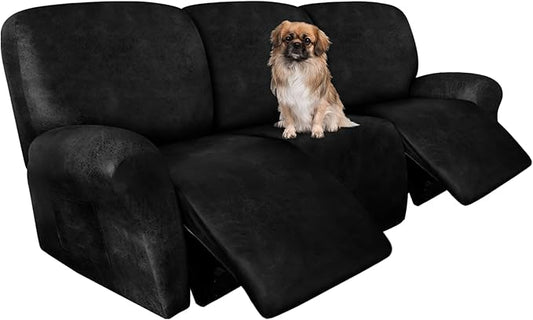 ANARACHON Recliner Couch Cover Leather Look Recliner Sofa Covers for 3 Cushion Reclining Sofa Slipcovers 8-Pieces Furniture Protector Spandex Fabric Washable (3 Seater, 02 Black)