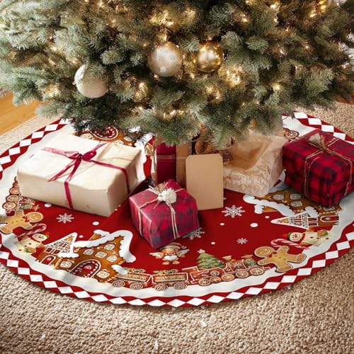 Red Gingerbread Christmas Tree Skirt Decorations House Decor Christmas Gingerbread Tree Ornaments Holiday Party Indoor Outdoor Xmas Trees Mat 36 inches - Image 6
