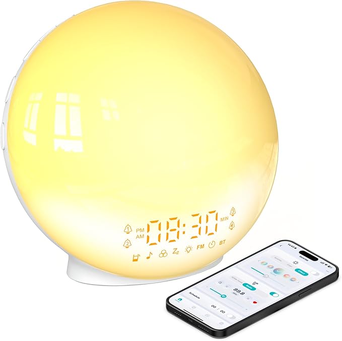 Smart Sunrise Alarm Clock with No Signup APP Control & Wake-Up Light, 4 Alarms, Sound Machine, FM Radio, Wireless Speaker, White by SmartWakeUpLightSunriseAl