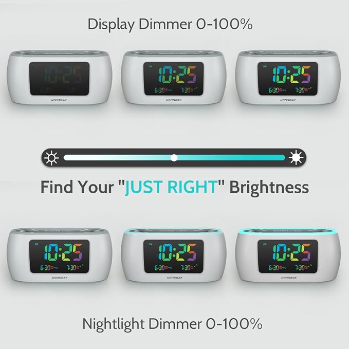 HOUSBAY Glow Small Colorful Alarm Clock Radio with Rainbow Digit, 7 Color Night Light with ON/Off Options, Dual Alarm, Dimmer, FM Radio with SleepTimer for Bedrooms - Image 4