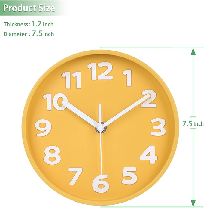 45MinST 8-Inch Yellow Modern Wall Clock ?€? Silent Non-Ticking, 3D Large Numbers, Accurate Timekeeping | Decorative Wall & Desk Clock with Stand for Living Room, Bedroom, Kitchen, or Office