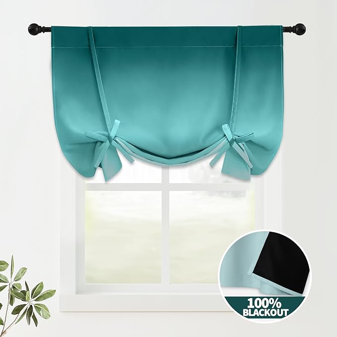 COSVIYA 100% Blackout Ombre Teal Adjustable Tie Up Curtains for Kitchen Thermal Insulated Room Darkening Valance Rod Pocket Balloon Roman Shade for Small Window,48" L x 34" W, 1 Panel