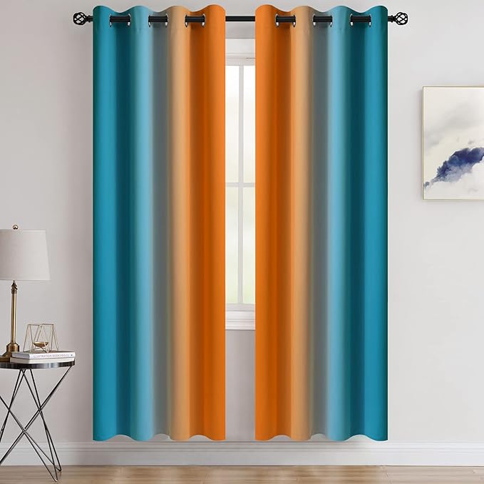 COSVIYA Grommet Ombre Room Darkening Curtains 72 inches Length for Kids/Girls Bedroom, Polyester Light Blocking Orange and Blue Gradient Window Drapes/Curtains for Living Room,2 Panels, 52x72 inches