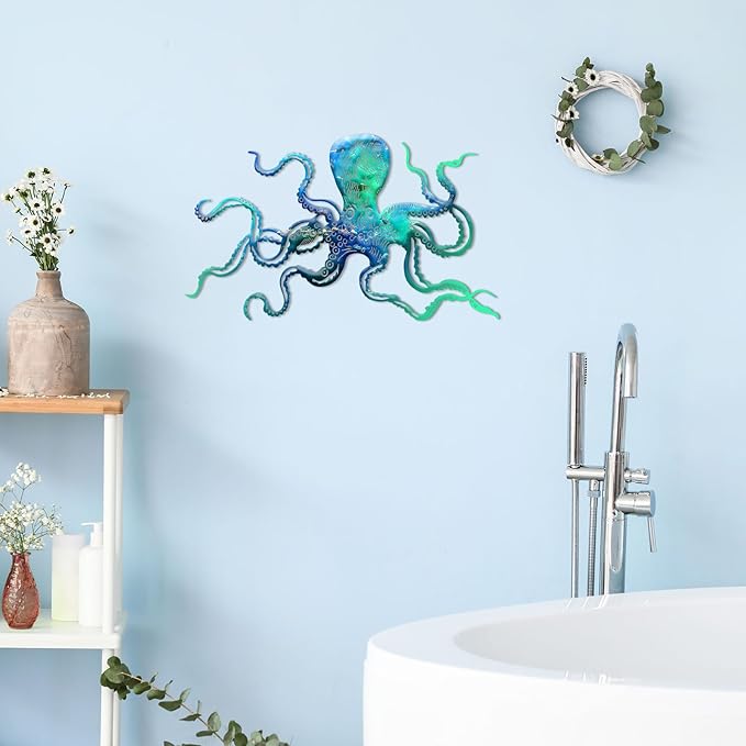 Zhengmy Octopus Metal Wall Art Octopus Wall Decor 18 x 11 Inch Extra Large Tropical Nautical Hanging Sculpture Beach Ocean Theme Home Bedroom Decoration Summer Gifts(Ocean Blue)