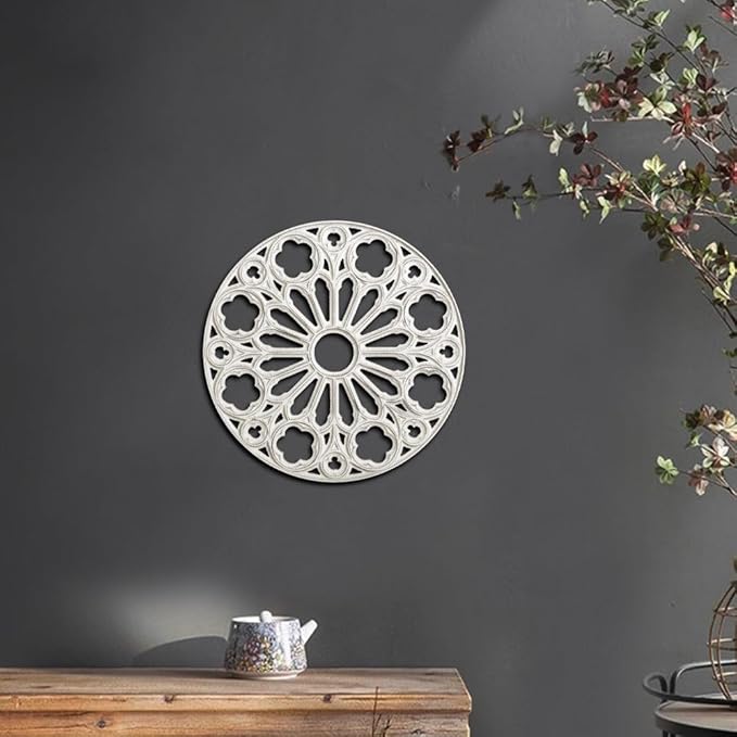 XIAOAIKA Wood Round Decorative Wall Sculpture, Hand-Carved Floral Geometric Design with Distressed White Finish, Vintage Farmhouse Boho Wall Art for Living Room Bedroom Hallway, 16 Inch