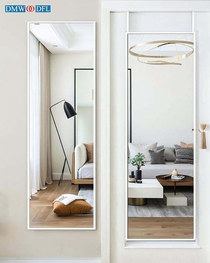 DMWOODFL 48"x14" Over-The-Door Full Length Mirror - No Drill Hanging with Metal Hooks, Shatterproof Glass & Aluminum Frame for Bathroom, Bedroom, Entryway Decor（Silver White）